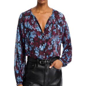 Bella Dahl Women's S Berry Bloom Sheer Long Sleeve Blue Blouse NEW